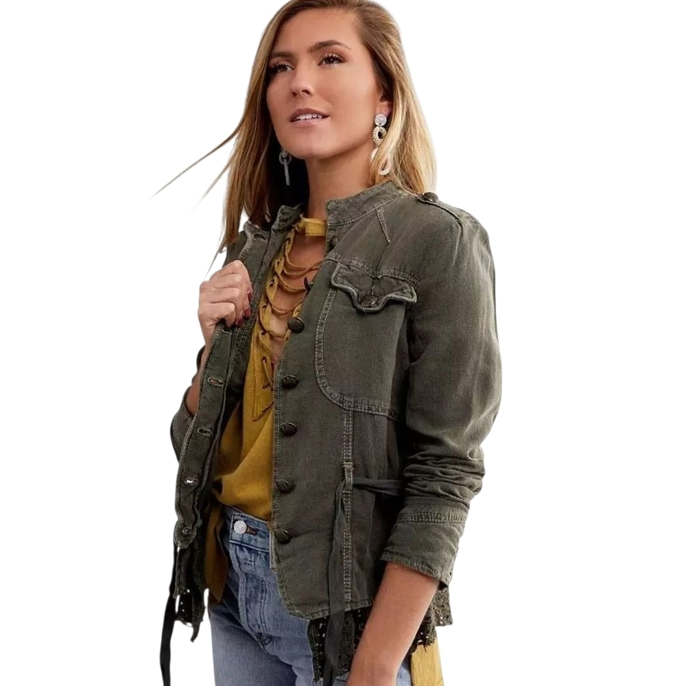 Free People Emilia Military Jacket Belted Lace Hem Utility Olive Small - Picture 4 of 14